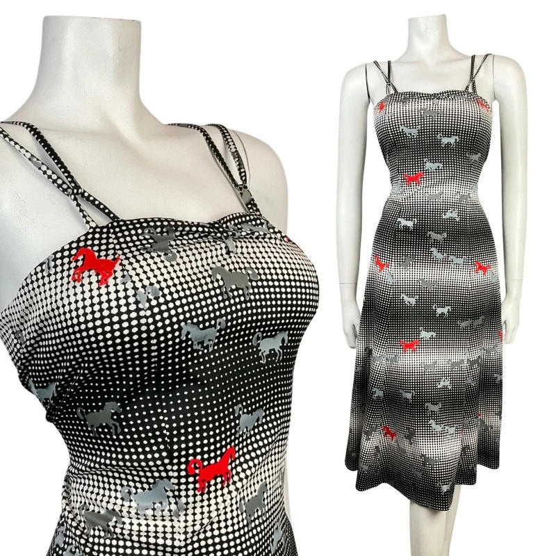 VINTAGE 60s STYLE 90s BLACK WHITE RED HALFTONE DOTTY HORSE STRAPPY SUN DRESS 8