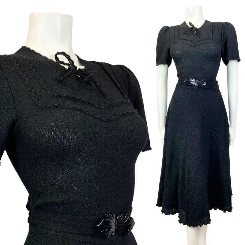 VINTAGE 70s BLACK KNITTED LETTUCE HEM BOHO PRAIRIE MIDI SWING DRESS 8 10