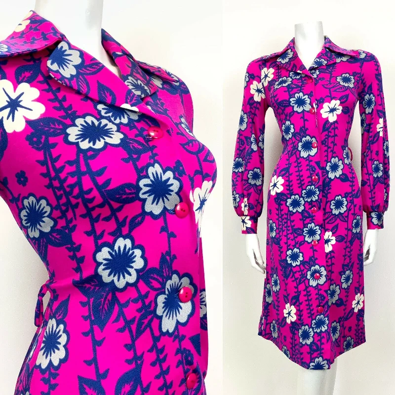 VINTAGE 70s NEON PINK BLUE WHITE PSYCHEDELIC FLORAL DAGGER SHIRT SWING DRESS 8