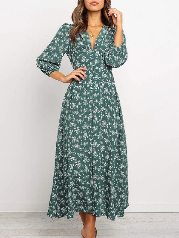 Vintage Floral Lantern Button High Waist Dress