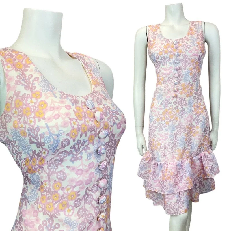 VTG 60s 70s PURPLE WHITE ORANGE FLORAL RUFFLED BETTY BARCLAY SUMMER DRESS 10