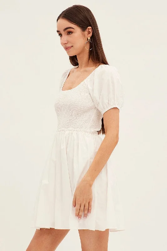 White Fit And Flare Dress Puff Sleeve Mini Poplin