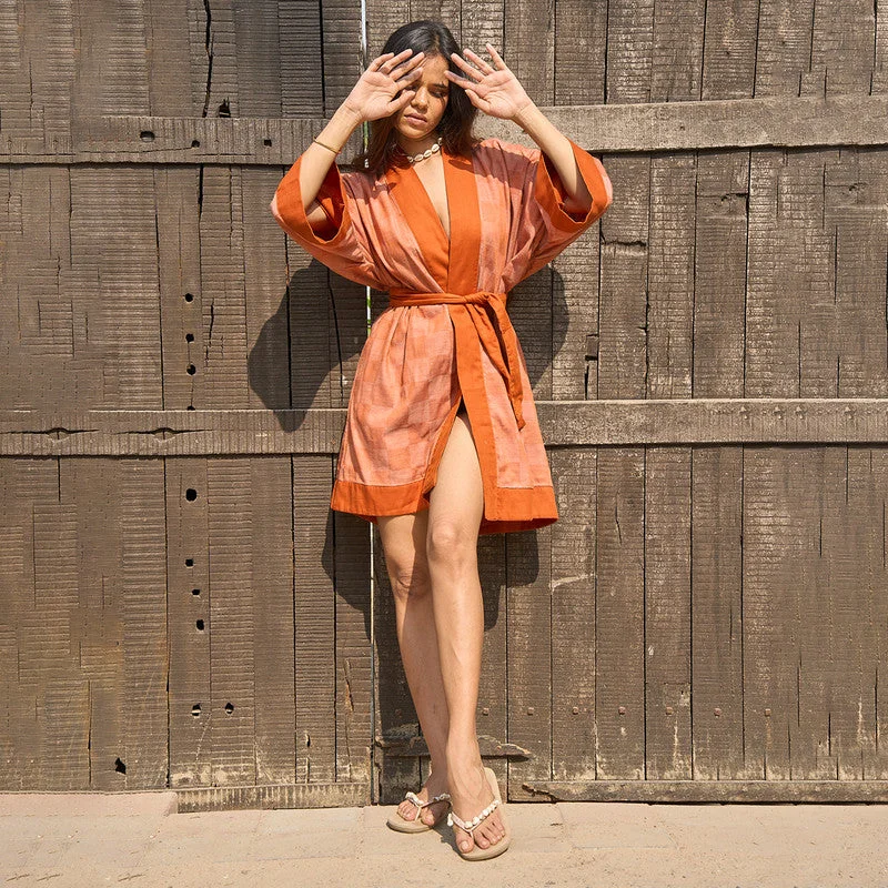 Linen Hana Kimono Dress For Women | Orange Checks