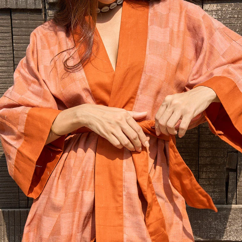 Linen Hana Kimono Dress For Women | Orange Checks