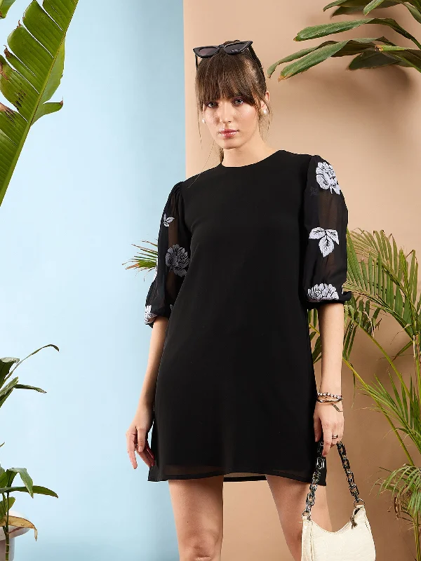 Women Black Embroidered Puff Sleeves Dress