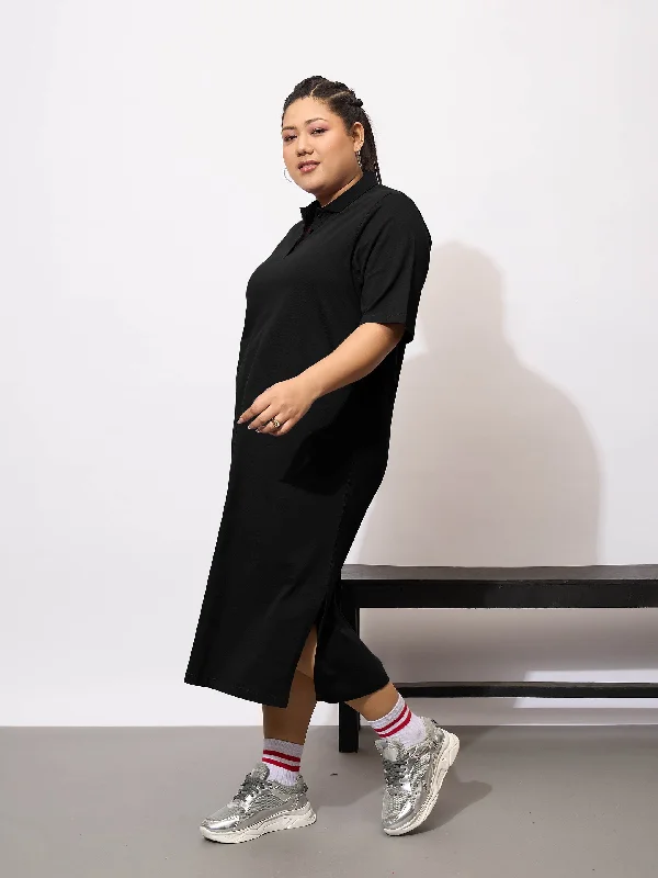 Women Black Polo Neck T Shirt Dress