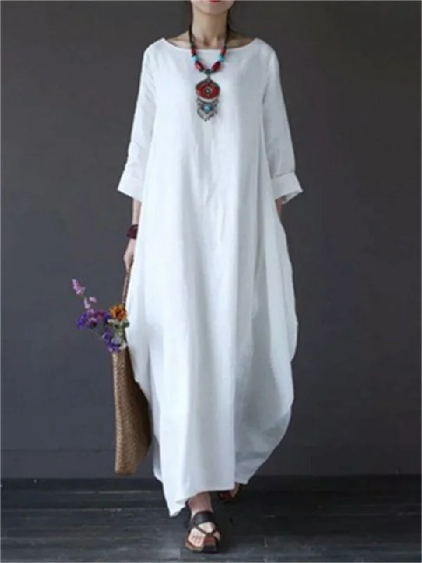 Women's Linen Dress Shift Dress Long Dress Maxi Dress Green Red Light Blue White Black 3/4 Length Sleeve Pure Color Pocket Fall Spring Boat Neck Basic Casual Loose Fit 2022 L XL XXL 3XL 4XL 5XL