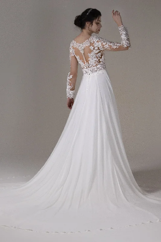 A-Line Chapel Train Lace Chiffon Wedding Dress CW2830