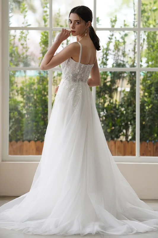 A-Line Sweep-Brush Train Lace Tulle Wedding Dress CW3308