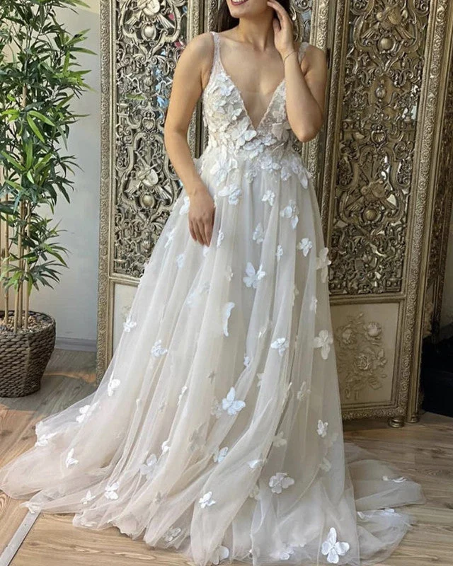 Butterfly Wedding Dress A Line Tulle V Neck