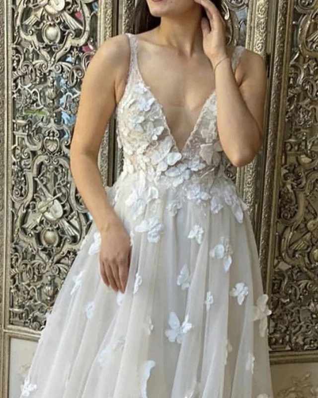 Butterfly Wedding Dress A Line Tulle V Neck