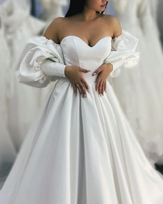 Bell Sleeves Wedding Dress A-line Satin Sweetheart