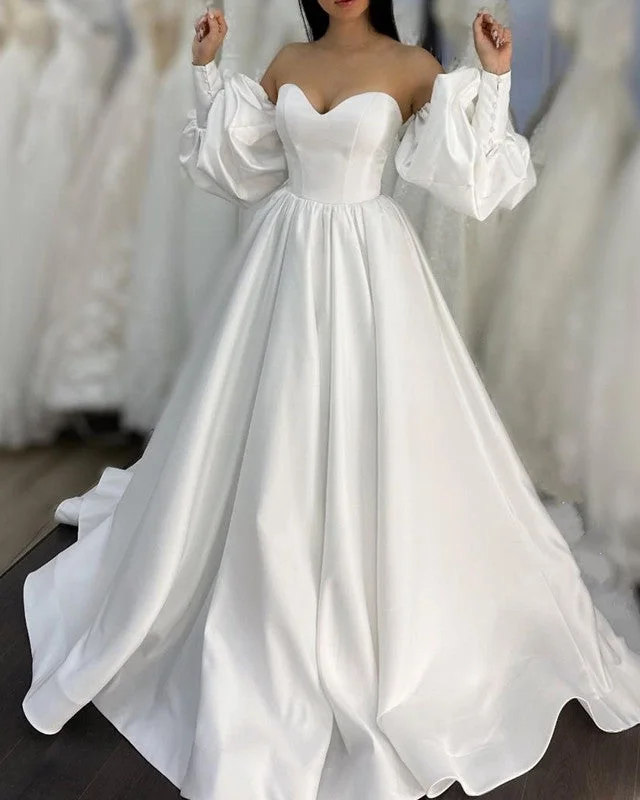 Bell Sleeves Wedding Dress A-line Satin Sweetheart