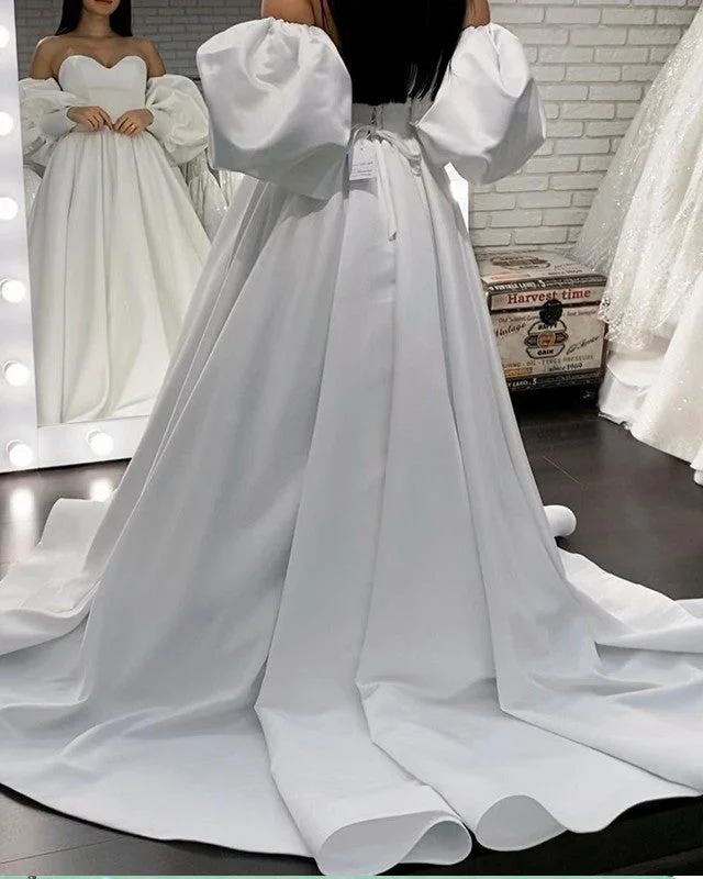 Bell Sleeves Wedding Dress A-line Satin Sweetheart