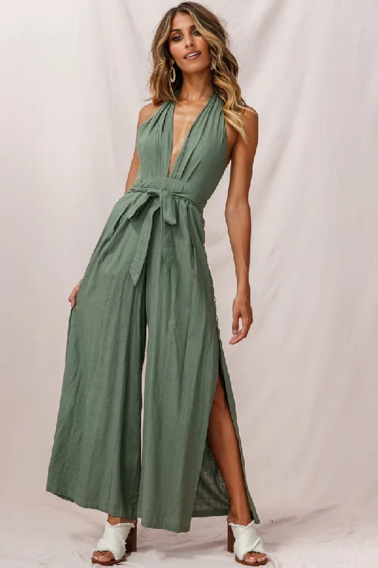 Aruba Wide Leg Halterneck Jumpsuit Khaki