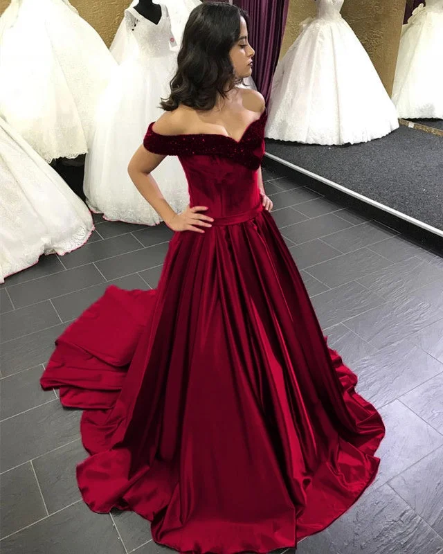 Beaded V-neck Off The Shoulder Satin Ball Gowns Wedding Dress