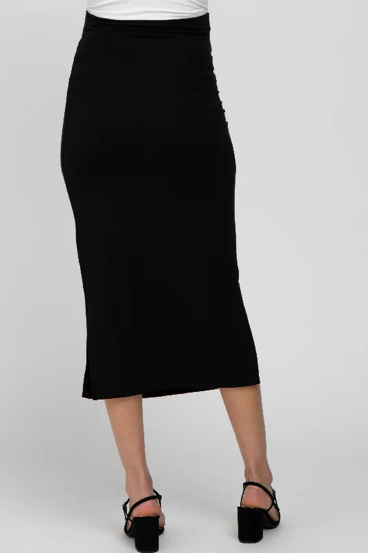 Black Solid Side Slit Maternity Midi Skirt