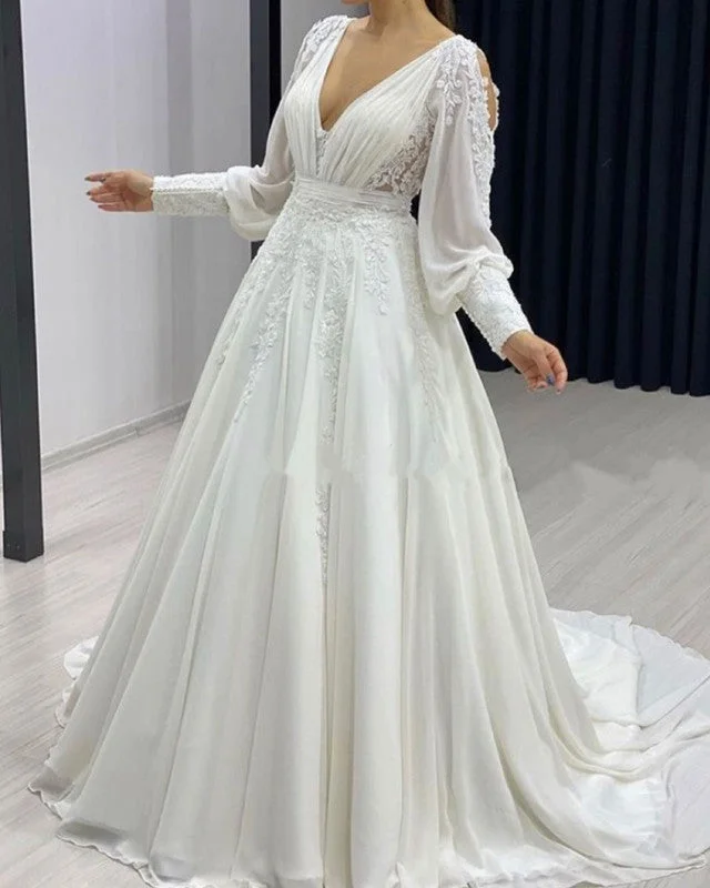 Boho Chiffon Wedding Dress Cold Sleeves