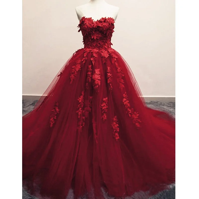 Burgundy Floral Lace Sweetheart Tulle Ball Gown Wedding Dresses