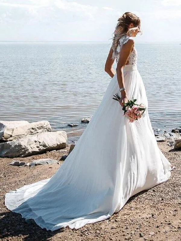 Cap Sleeves Top Lace Long Wedding Dresses, Popular Beach 2020 Wedding Dresses