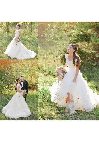 Country/Rustic Cowgirl Boots Western V-neck Ruffles Ball Gown Barn A-line Lace Organza Wedding Dress