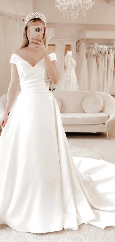 Elegant A-line Satin V-Neck Vintage Dream Beach Long Wedding Dresses WD217