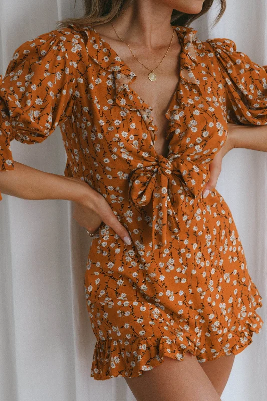 Francine Short Sleeve Tied Bust Romper Floral Orange