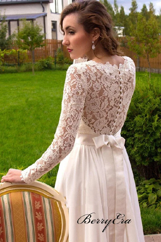 Lace Long Sleeves Wedding Dresses, A-line Chiffon Wedding Dresses, Bridal Gowns