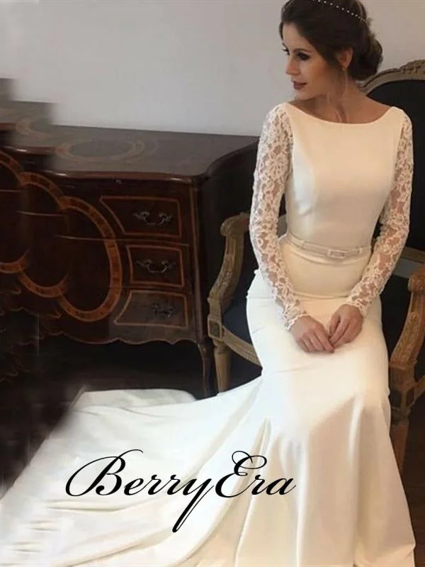 Long Sleeves Lace Ivory Mermaid Long Wedding Dresses, Bridal Gown