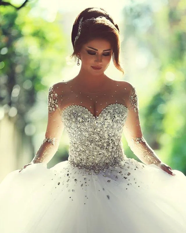 Luxurious Crystal Pearl Beaded Long Sleeves Ball Gowns Wedding Dresses