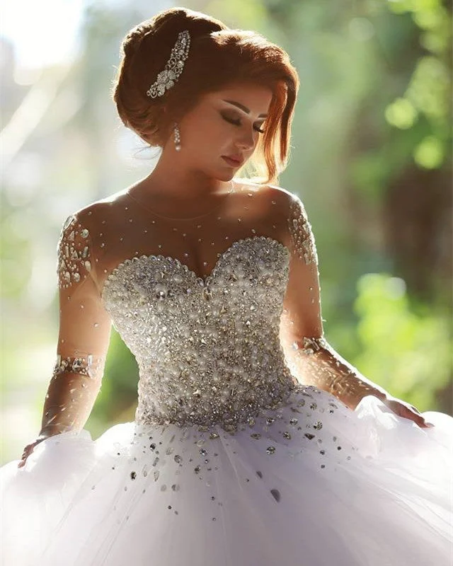 Luxurious Crystal Pearl Beaded Long Sleeves Ball Gowns Wedding Dresses