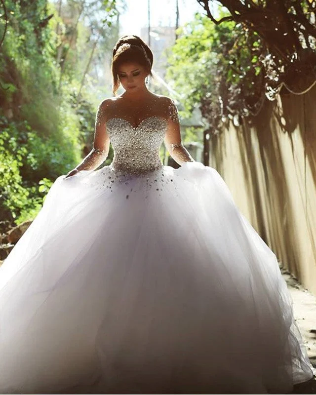 Luxurious Crystal Pearl Beaded Long Sleeves Ball Gowns Wedding Dresses