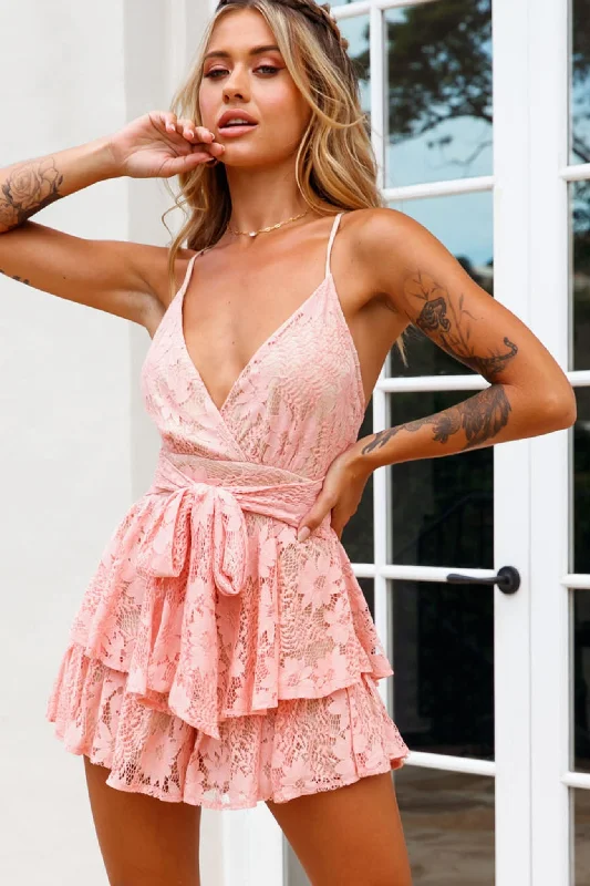 Maddox Fit & Flare Cami Strap Romper Floral Lace Blush