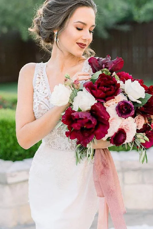 Princess Long V-Neck A-line White Wedding Dress with Lace Top