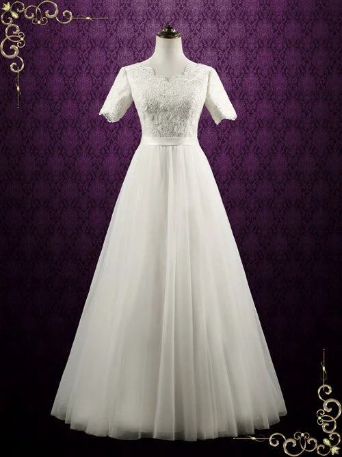 Modest Lace Wedding Dress with Short Sleeves ELYSE