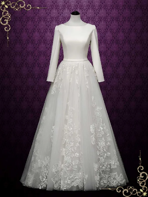 Modest Long Sleeves Wedding Dress with Lace Skirt FLORINE