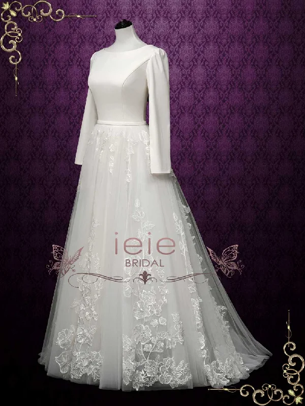 Modest Long Sleeves Wedding Dress with Lace Skirt FLORINE