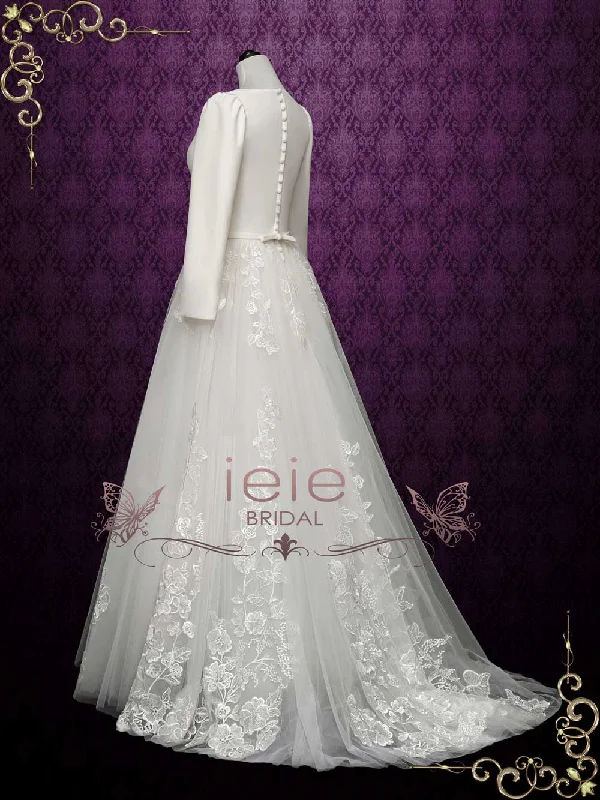 Modest Long Sleeves Wedding Dress with Lace Skirt FLORINE