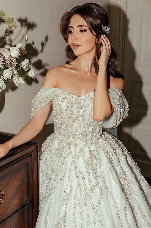 Off Shoulder Long Ball Gown, Beaded Sequin Wedding Dresses, Long Wedding Dresses, Luxury Wedding Dresses