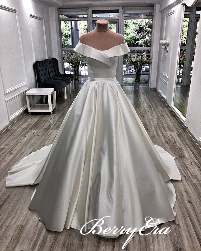 Off Shuolder Long A-line Ivory Satin Wedding Dresses, Long Bridal Gown, Elegant Wedding Dresses