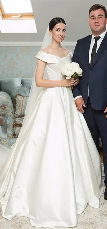 Off Shuolder Long A-line Ivory Satin Wedding Dresses, Long Bridal Gown, Elegant Wedding Dresses