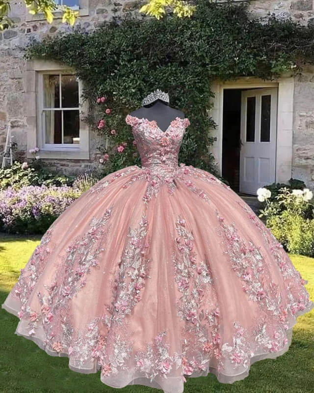 Light Pink Off Shoulder Quinceanera Dresses With 3D Flowers