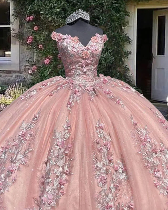 Light Pink Off Shoulder Quinceanera Dresses With 3D Flowers