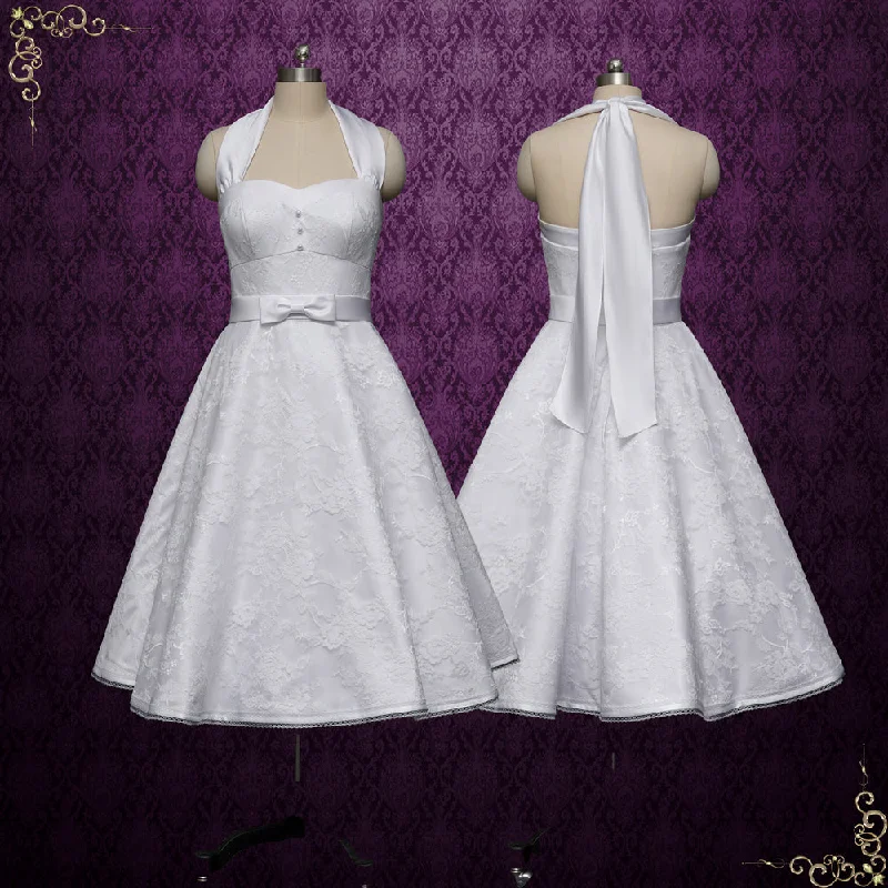 Retro 50s Short Tea Length Wedding Dress with Halter Tie Neck | KENT