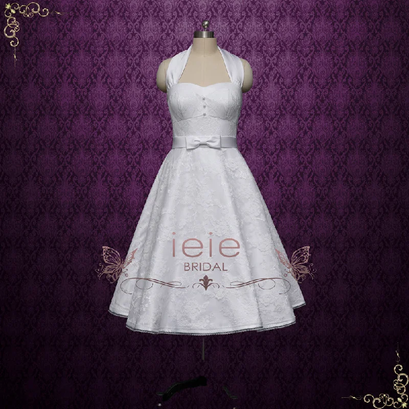 Retro 50s Short Tea Length Wedding Dress with Halter Tie Neck | KENT