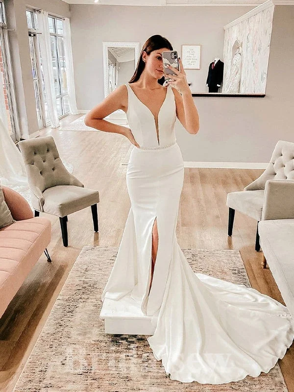 Simple Satin V-Neck Mermaid Classic Slit Beach Vintage Long Wedding Dresses WD393