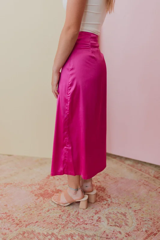 Sweet Gesture Fuchsia Satin Midi Skirt