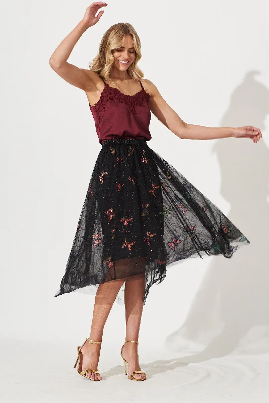 Taryn Midi Tulle Skirt In Multi Black Butterfly Sequin