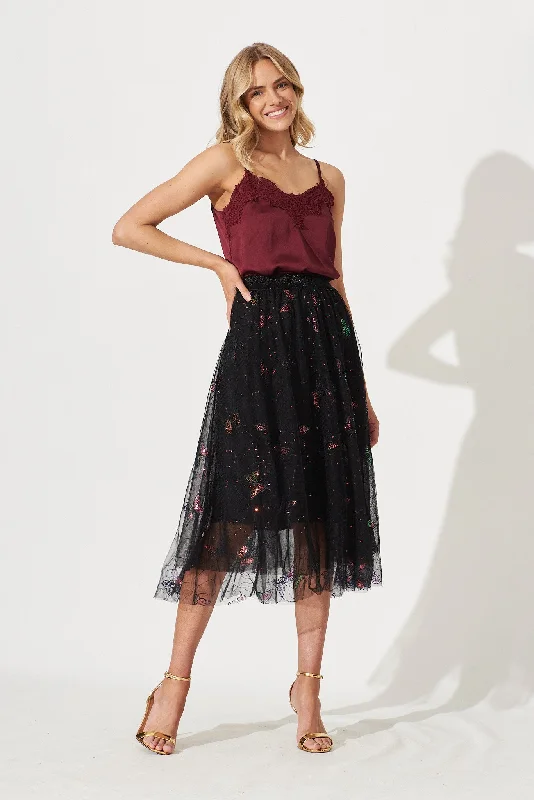 Taryn Midi Tulle Skirt In Multi Black Butterfly Sequin