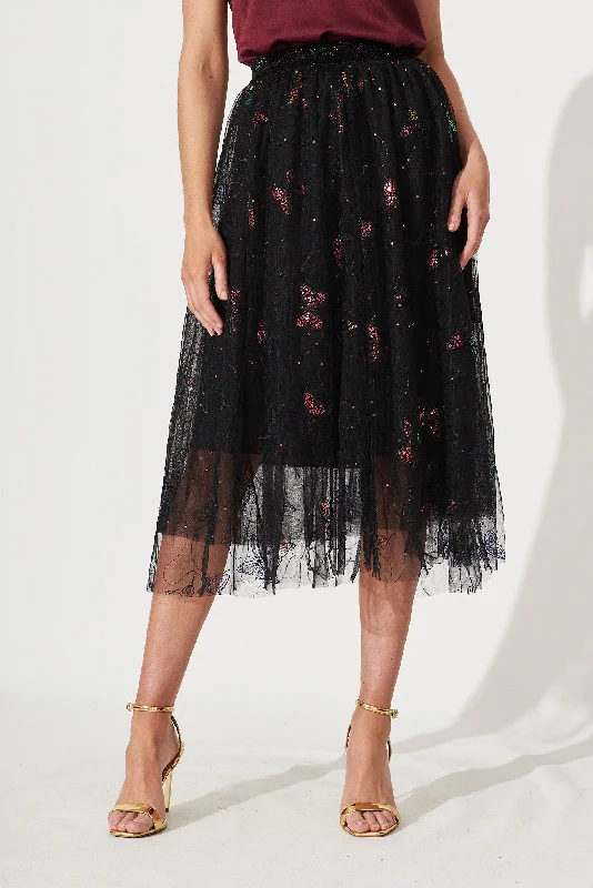 Taryn Midi Tulle Skirt In Multi Black Butterfly Sequin